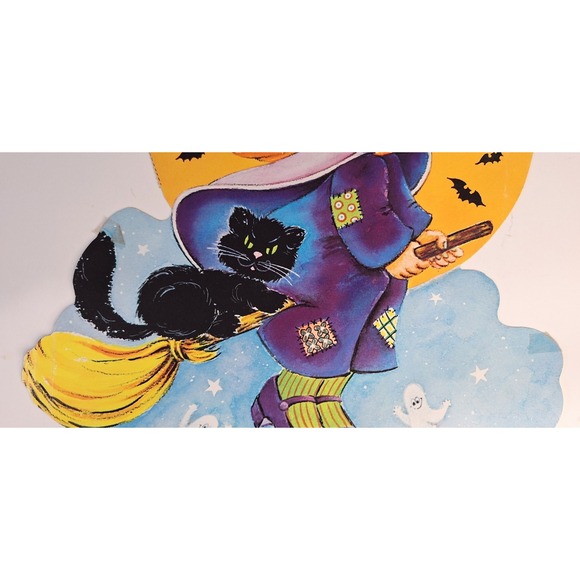 Vintage Halloween Cut Out Witch Broom Cat Bats Full Moon Ghosts USA - Picture 5 of 12